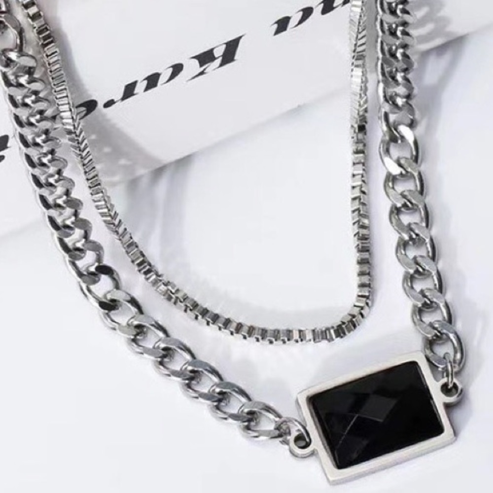 đź’ŽBlack Rectangle Stone Titanium Steel Necklace Chain Double layer thick silver - Picture 10 of 10
